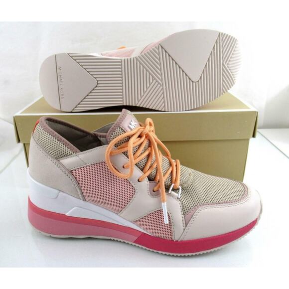 Michael Kors Liv Trainer Wedge Sneakers Lace Up Beige Light Sand / Pink - Picture 7 of 7